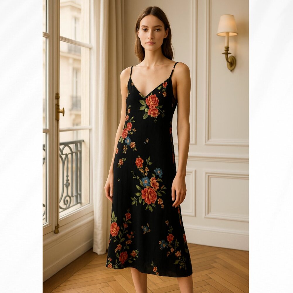 🦋 DRESS FORUM Black Floral Dress Small Whimsygoth Boho Indie Casual Everyday